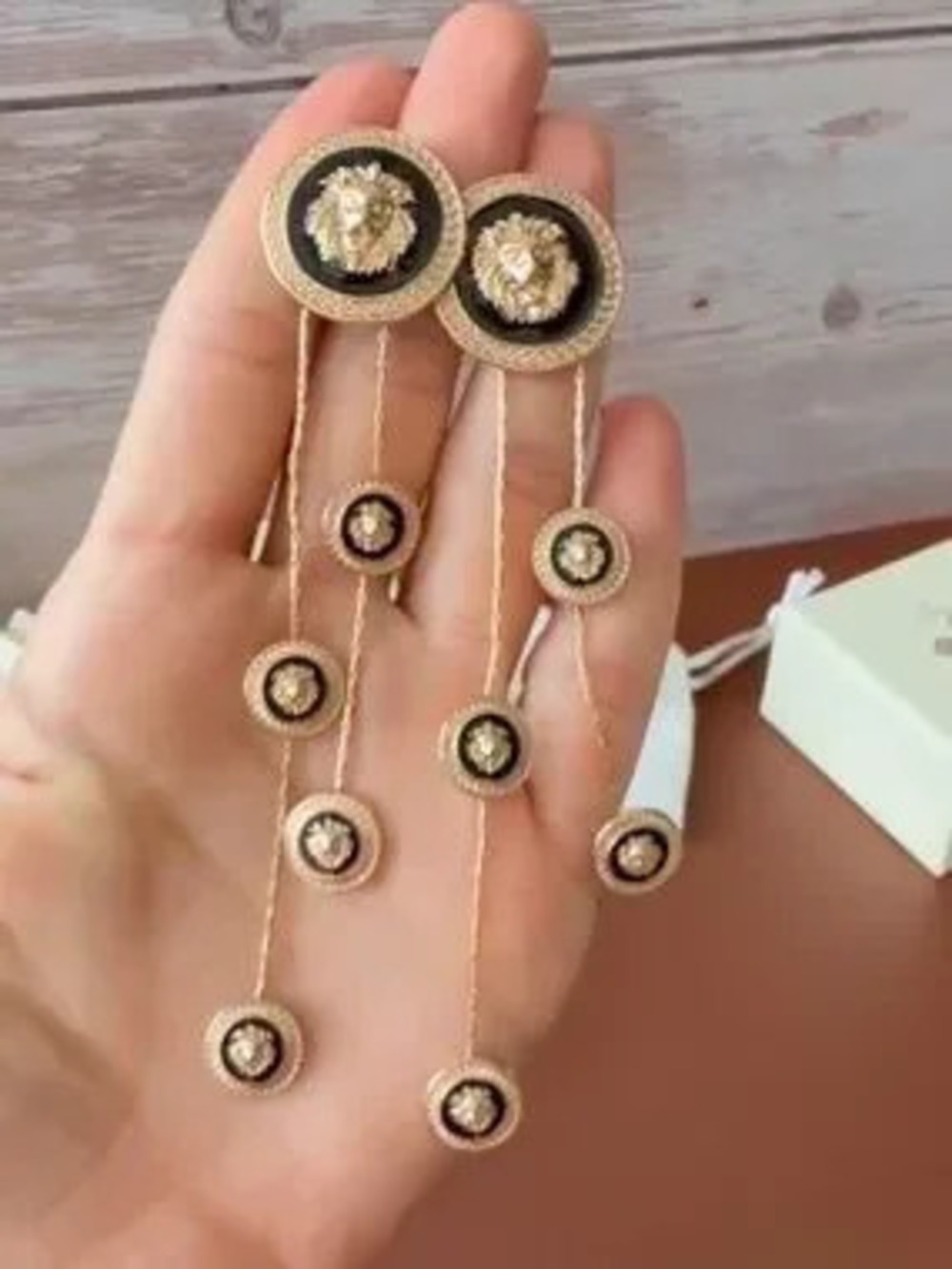 Gold and Black Lion Medallion Cascade Earrings